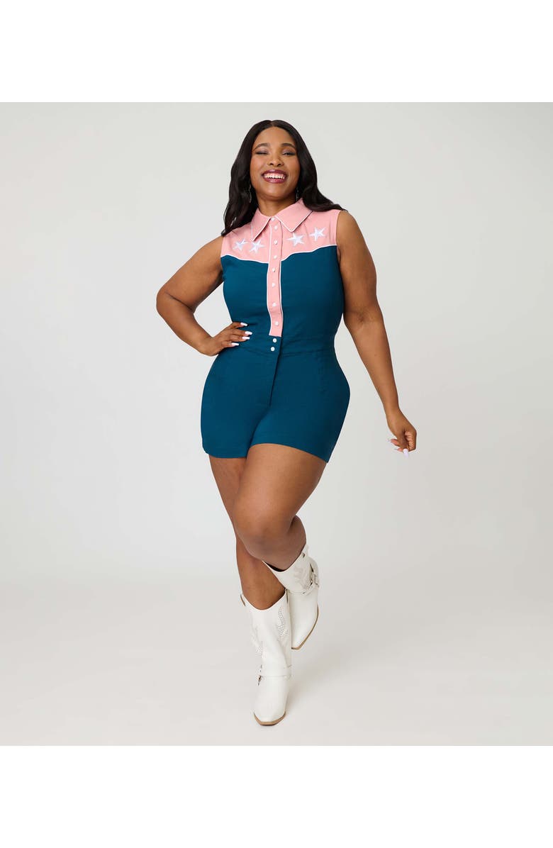 Unique Vintage Plus Size Rodeo Ready Romper, Alternate, color, Green & Pink W/ Embroidery