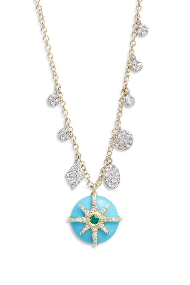 Turquoise, Diamond & Emerald Burst Pendant Necklace, Main, color, GOLD