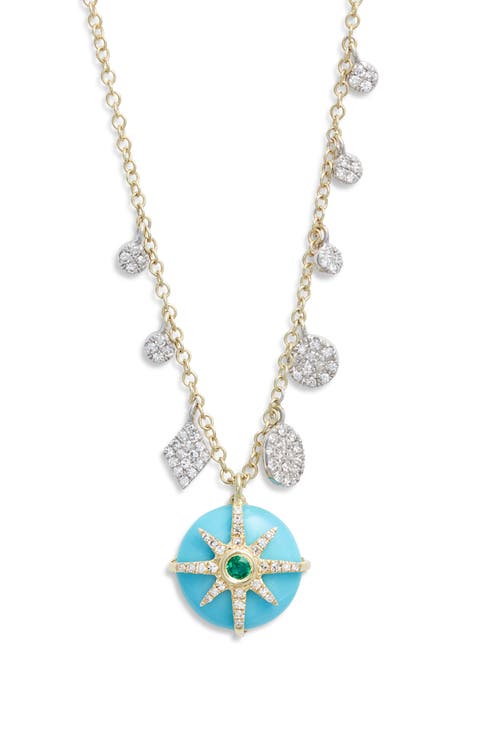 Turquoise, Diamond & Emerald Burst Pendant Necklace