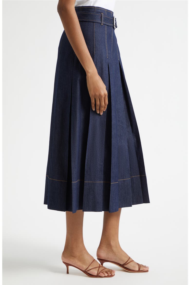 Rylee Pleated Denim Midi Skirt, Alternate, color, INDIGO