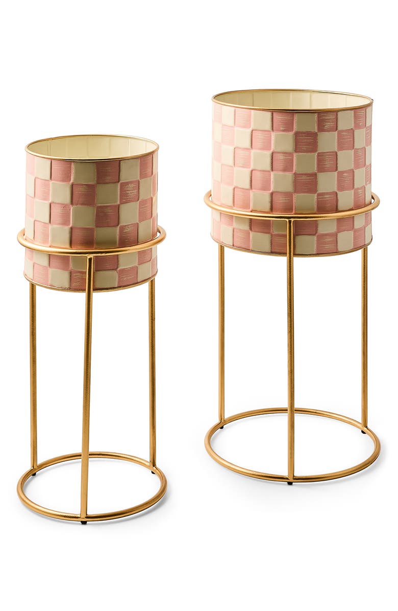 MACKENZIE CHILDS Rosy Check It Out Set of 2 Planters & Stands, Main, color, Rosy