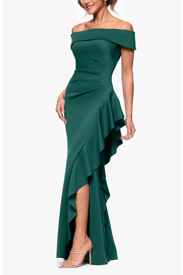 Ruffle Off the Shoulder Scuba Knit Gown, Alternate, color, HUNTER