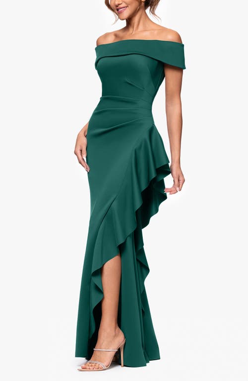 Xscape Evenings Ruffle Off The Shoulder Scuba Knit Gown In Green