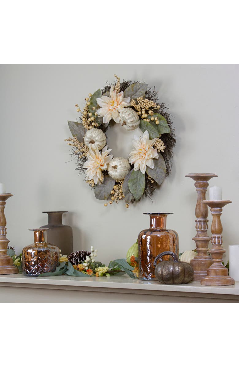 Northlight Dahlia and Pumpkin Fall Artificial Floral Wreath, 22-Inch, Alternate, color, 