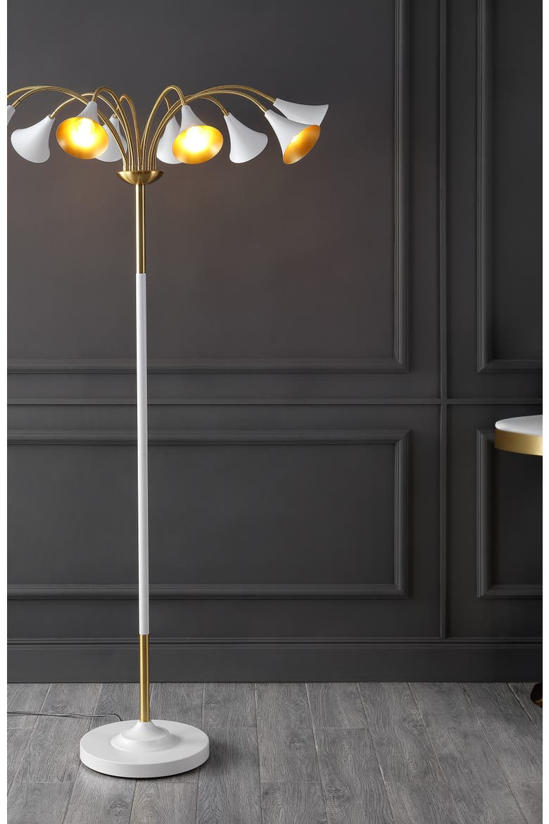 Vivian 61" 10-Light Mid-Century Modern Iron Medusa Multi Head LED Floor Lamp, Alternate, color, Brass Gold/White