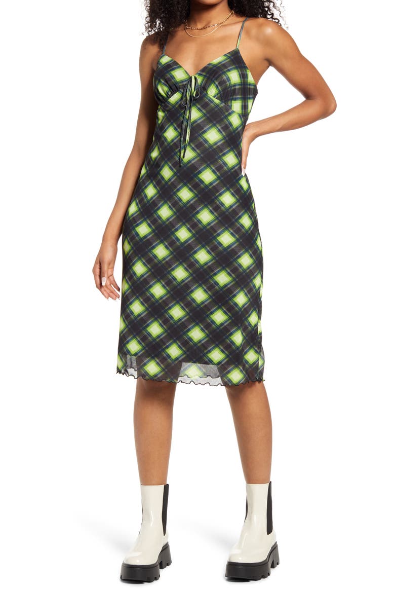 Print Mesh Slipdress, Main, color, BLACK- GREEN ABBY PLAID