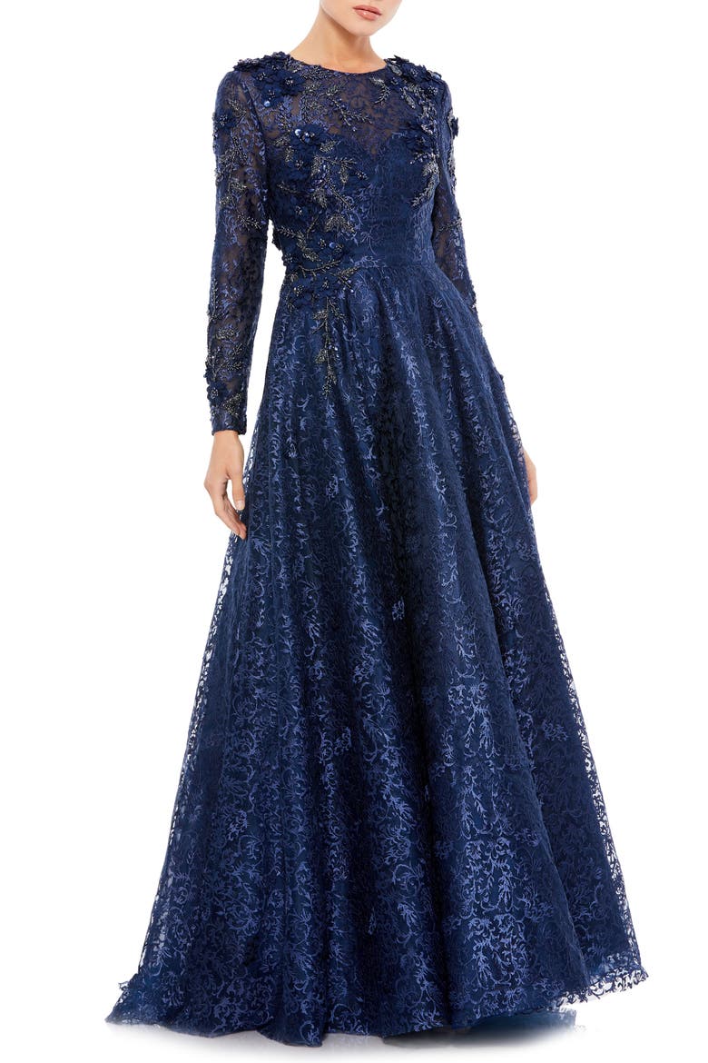 Floral Embroidered & Beaded Long Sleeve Mesh Gown, Main, color, NAVY