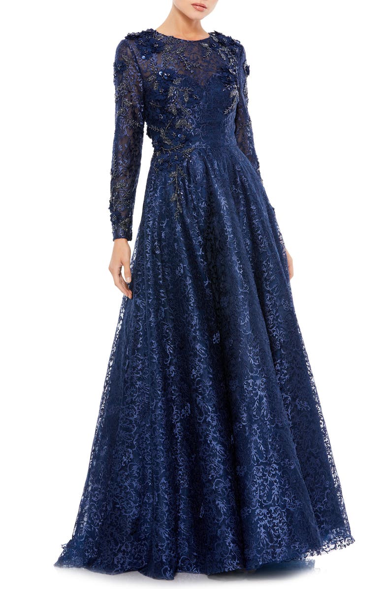 Mac Duggal Floral Embroidered & Beaded Long Sleeve Mesh Gown, Main, color, 