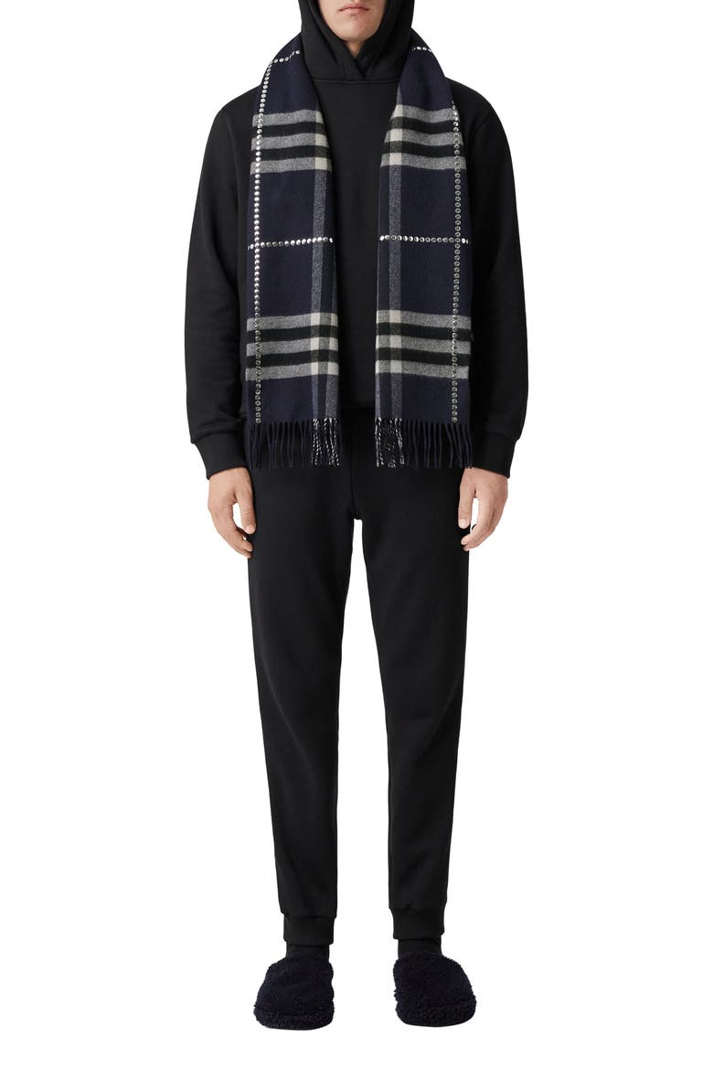 Giant Check Stud Embellished Cashmere Fringe Scarf, Alternate, color, DARK CHARCOAL BLUE