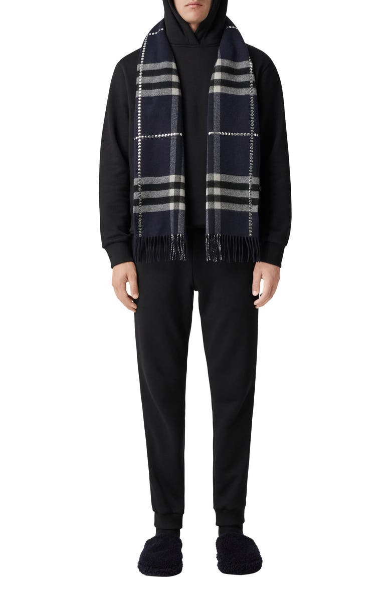 Burberry Giant Check Stud Embellished Cashmere Fringe Scarf, Alternate, color,