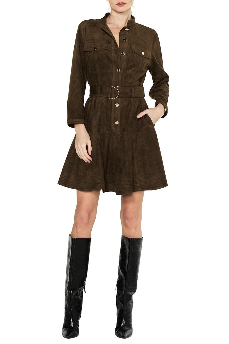 Karrie Belted Long Sleeve Faux Suede Shirtdress, Main, color, OLIVE