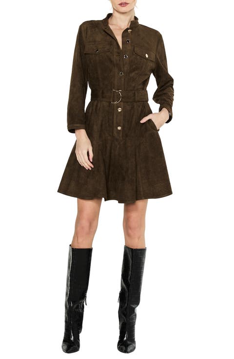 Karrie Belted Long Sleeve Faux Suede Shirtdress