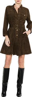 CIEBON Karrie Belted Long Sleeve Faux Suede Shirtdress