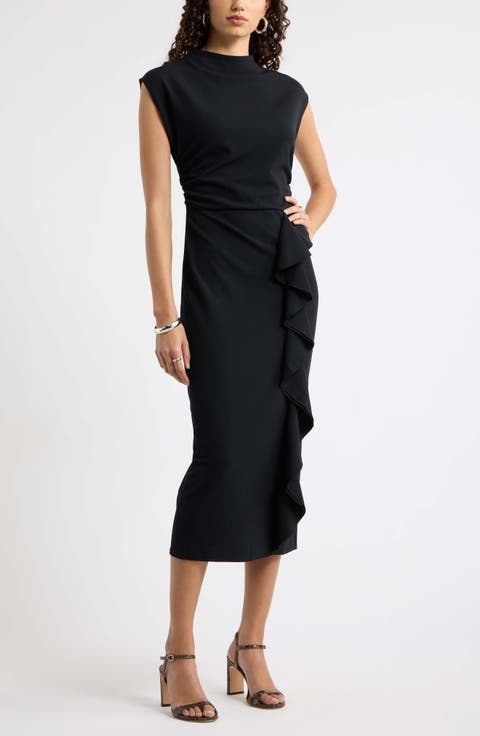 Mock Neck Ruffle Midi Dress