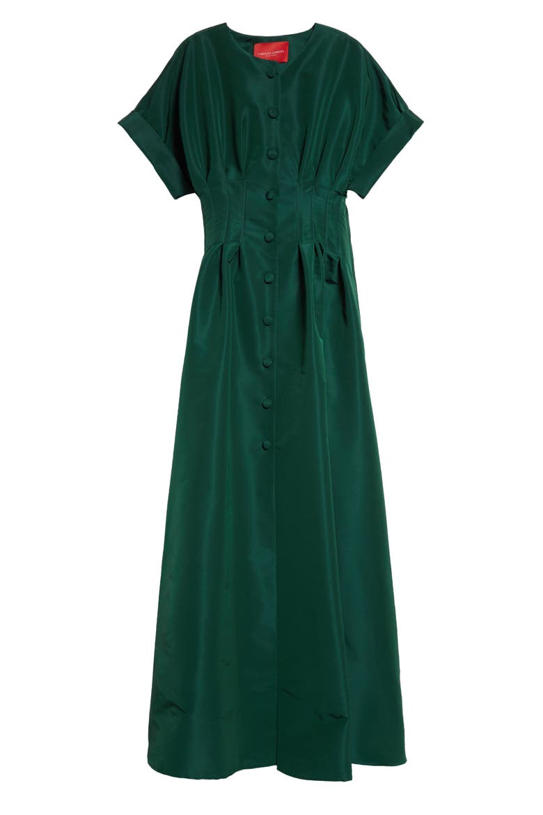 Cuffed Short Sleeve Button Front Silk Faille Gown, Alternate, color, SPRUCE GREEN