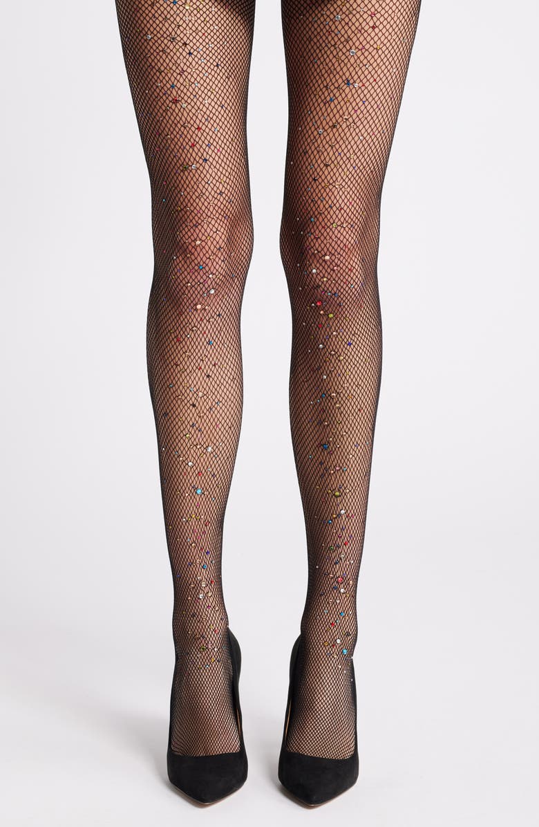 HIGH HEEL JUNGLE Glitter Fishnet Tights, Main, color, Black