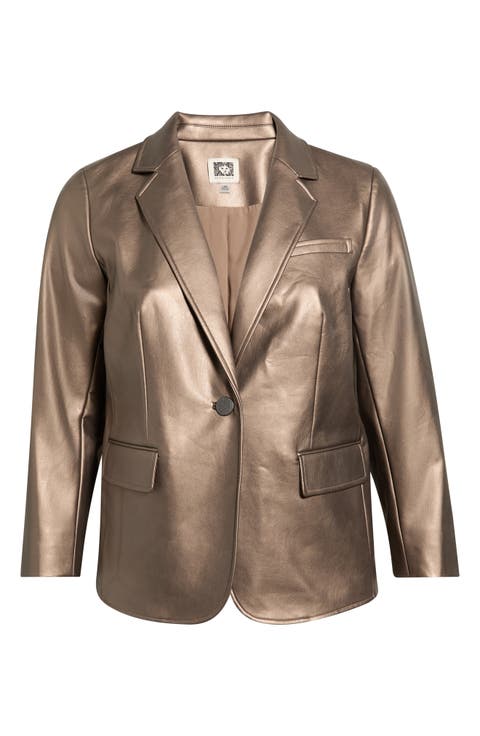 Metallic Faux Leather One-Button Blazer