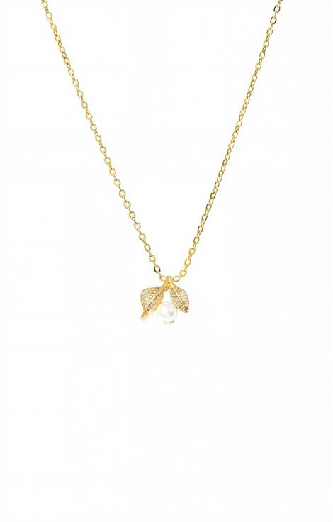 Pearl & Pave Leaf Charm Necklace