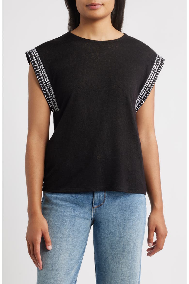 Caty Embroidered Sleeve Knit Top, Main, color, BLACK/CREAM
