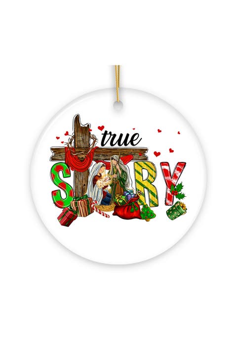 True Story Nativity Cross Round Ceramic Ornament