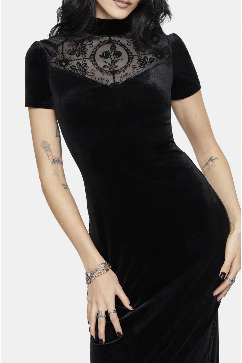 Cameo Flocked Mesh Insert Midi Dress, Alternate, color, Black