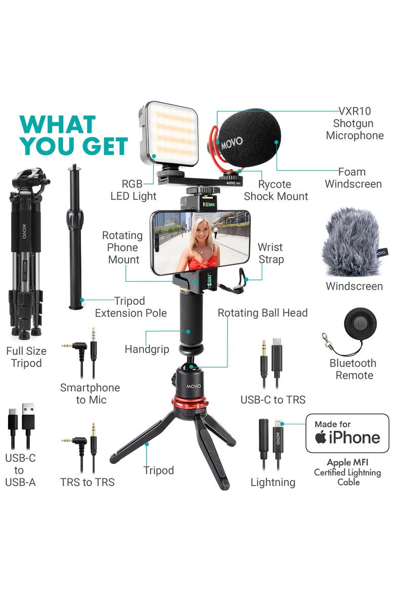 iVlogger-PRO+MV-T5 Vlogging Kit for iPhone/Android Smartphones with Mic, Light, Tripod, and More, Alternate, color, Black