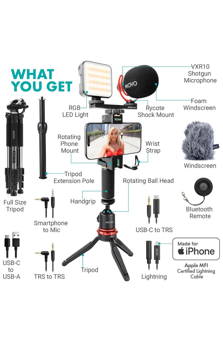 MOVO iVlogger-PRO+MV-T5 Vlogging Kit for iPhone/Android Smartphones with Mic, Light, Tripod, and More, Alternate, color, Black