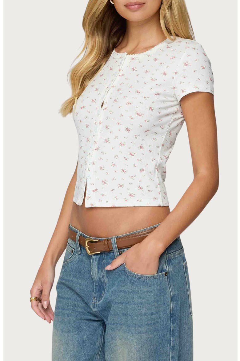 Odella Floral Rib Button-Up Crop Top, Alternate, color, CREAM
