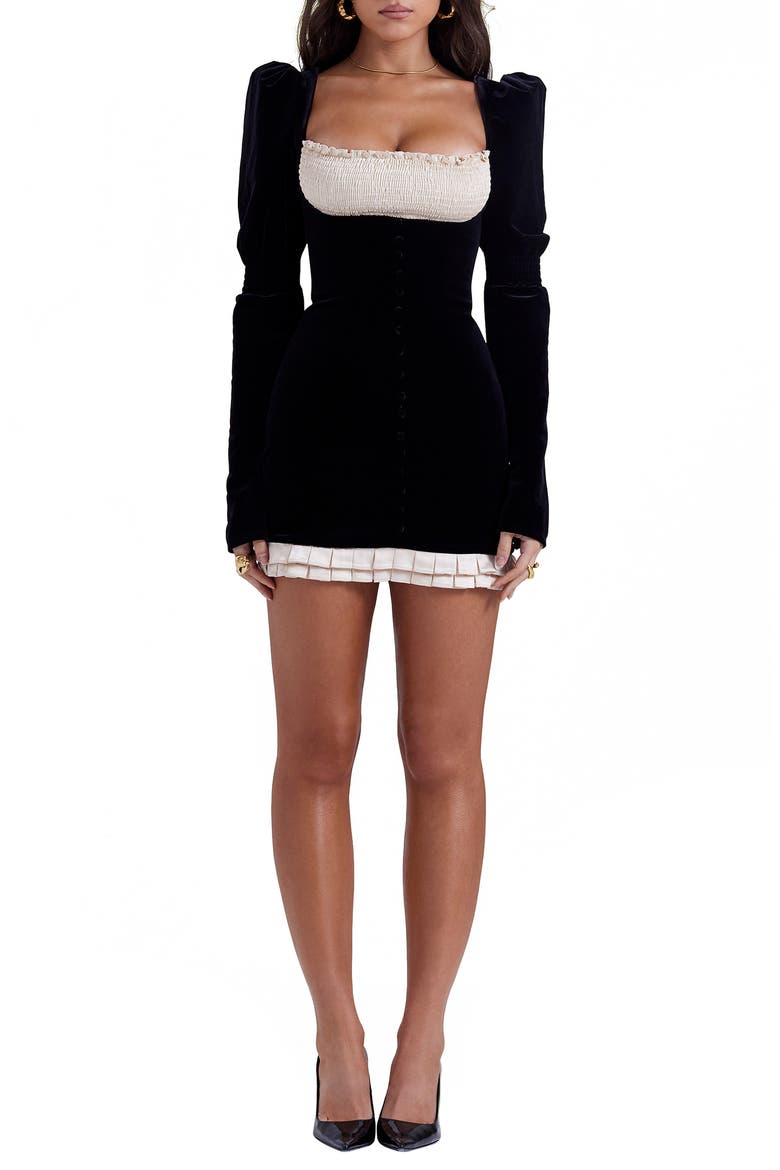 Azaria Long Sleeve Colorblock Velvet Minidress, Main, color, BLACK