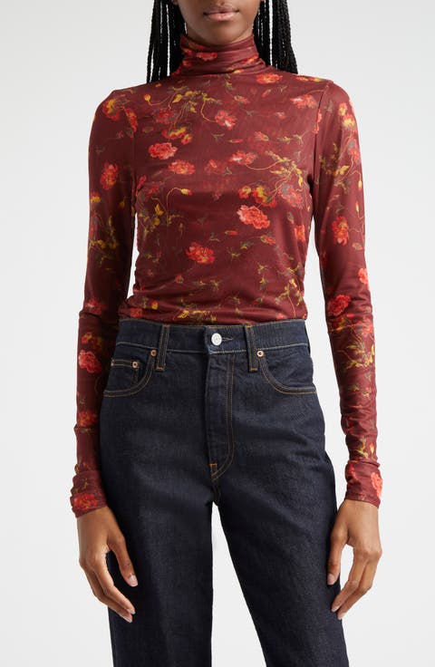 Falling Poppies Mesh Turtleneck Top