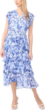 Halogen® Floral Tiered Flutter Sleeve Maxi Dress