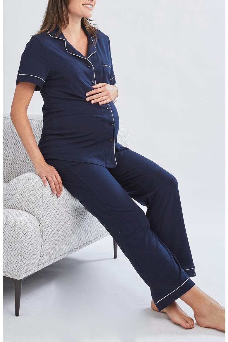 Maternity and Nursing Button Front Pajama Set, Alternate, color, Navy