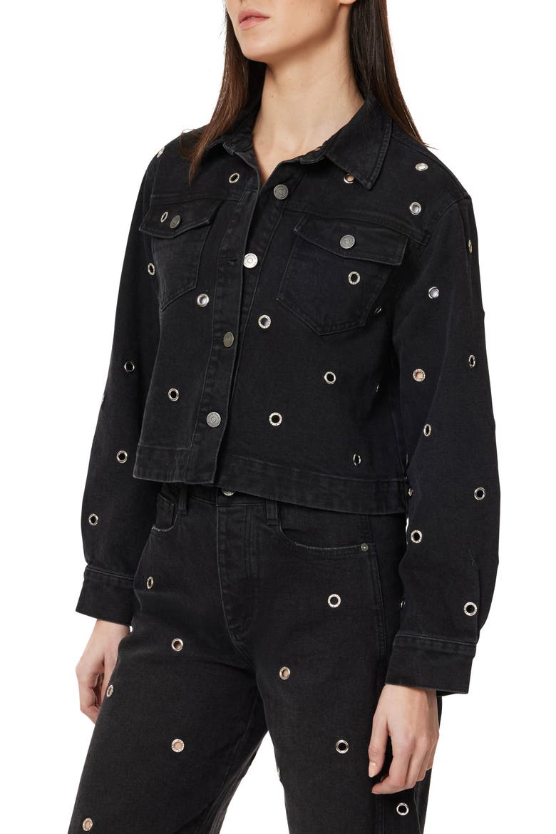 Grommet Embellished Denim Trucker Jacket, Alternate, color, WASHED BLACK