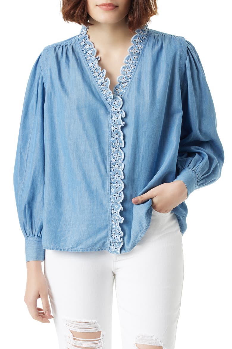 Briar Eyelet Trim Cotton Blend Button-Up Shirt, Main, color, JOHNSEN
