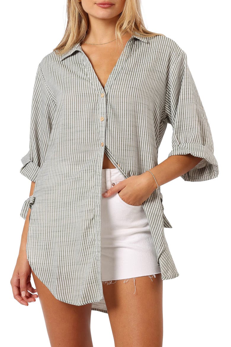 Wren Oversize Stripe Button-Up Shirt, Main, color, OLIVE