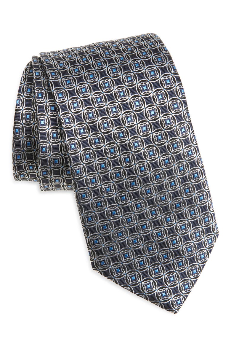 Medallion Print Silk Tie, Main, color, DARK BLUE
