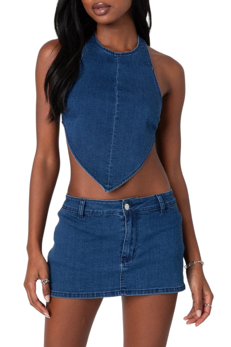 Sydnie Open Back Denim Halter Top, Main, color, DARK-BLUE