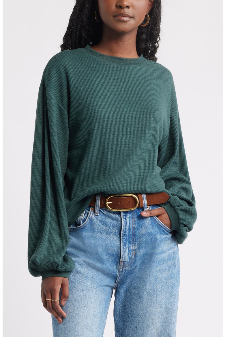 Blouson Sleeve Waffle Knit Top, Main, color, GREEN GABLES