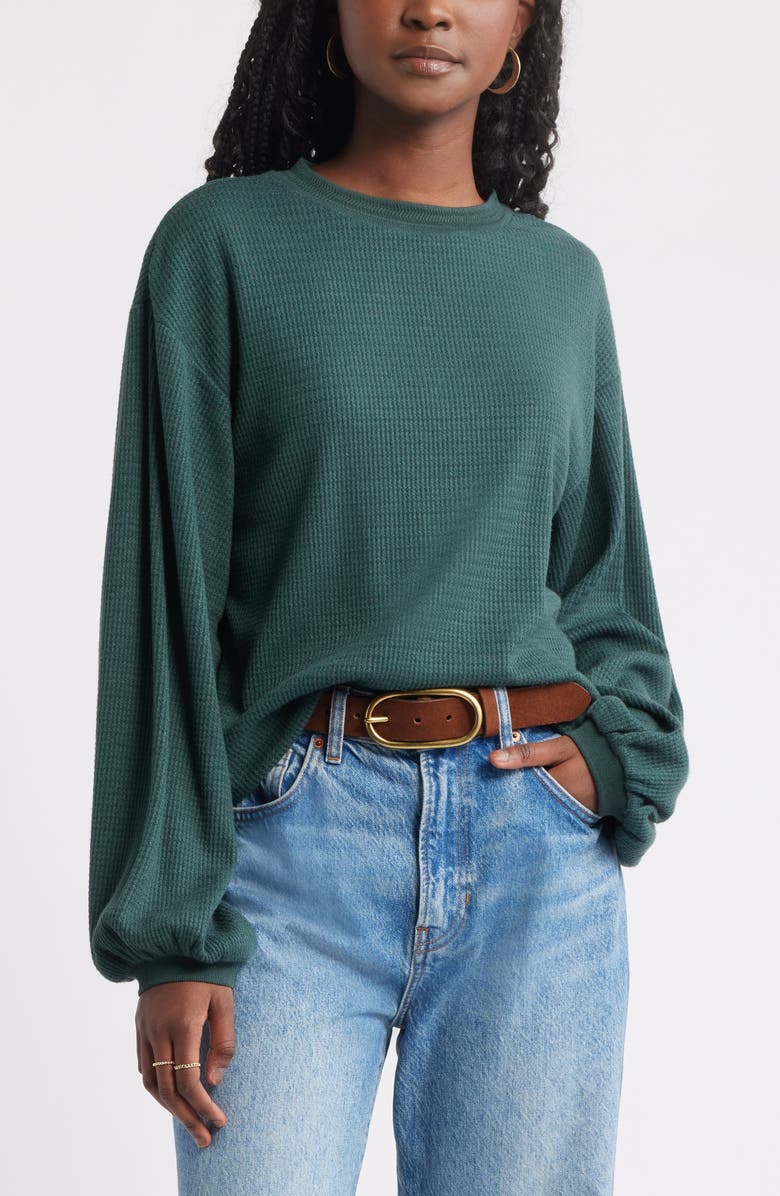 Treasure & Bond Blouson Sleeve Waffle Knit Top, Main, color, Green Gables