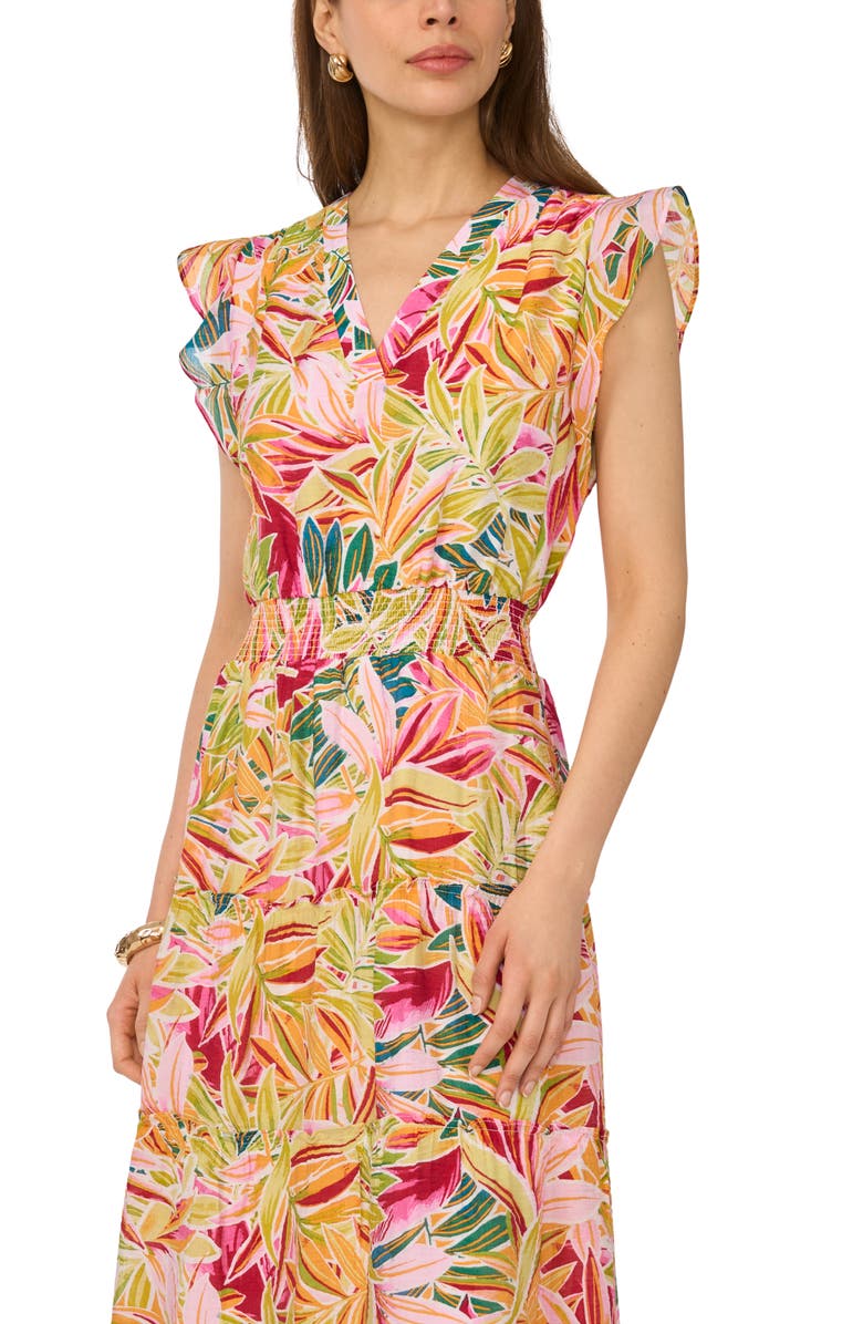 Halogen<sup>®</sup> Ruffle Cap Sleeve Tiered Maxi Dress, Alternate, color, Lucent White/Pink Orange Multi