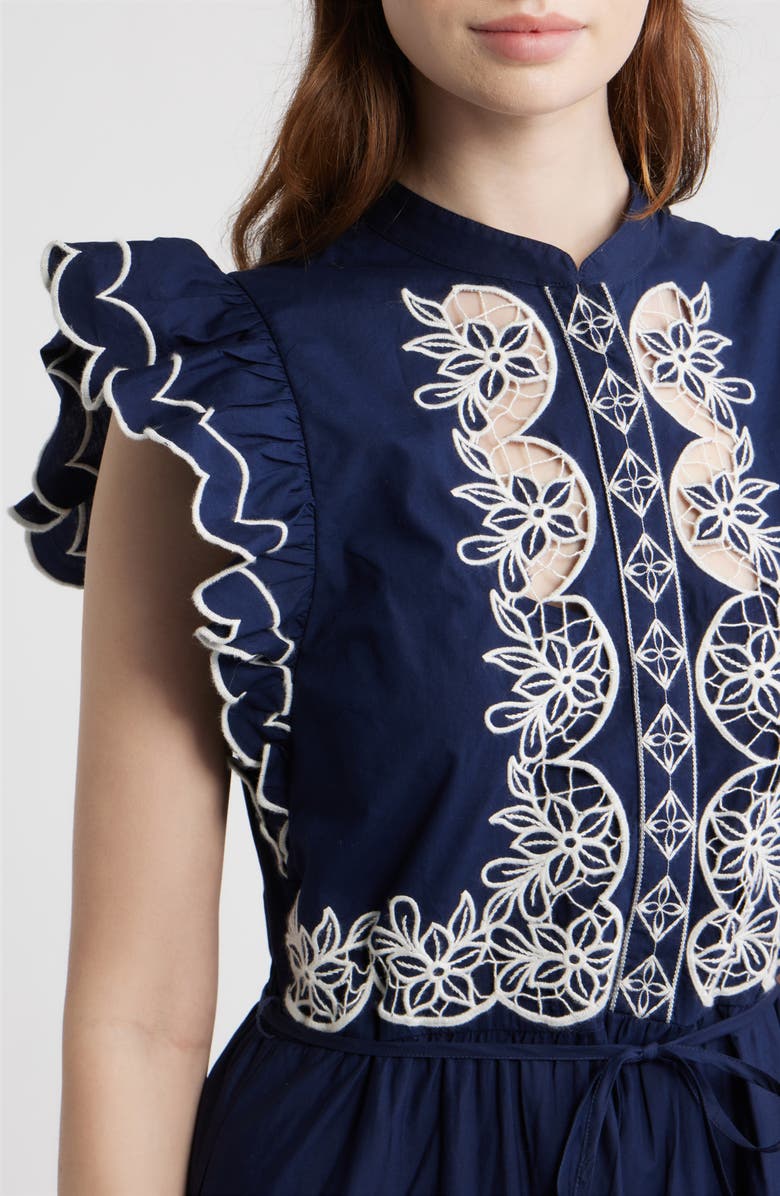 LOVE THE LABEL Romy Embroidered Midi Dress, Alternate, color, Navy W White Embroidery