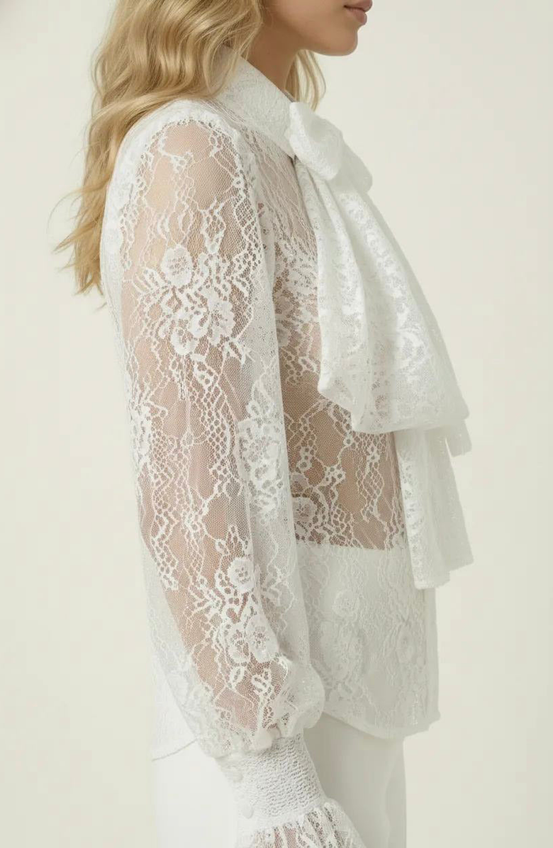 Modenaire Oversized Bow Tie Neck Ruffle Sheer Lace Blouse, Alternate, color, White