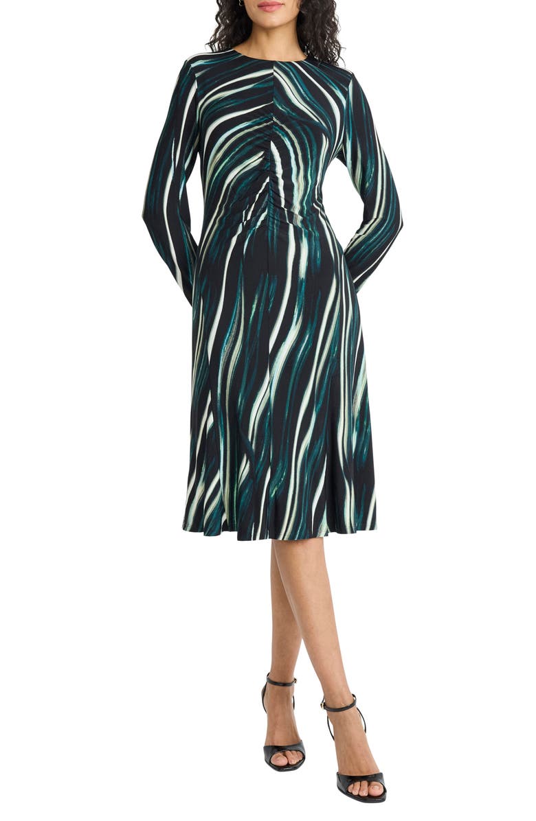 Maggy London Long Sleeve Mesh Midi Dress, Main, color, Black/ Deep Olive