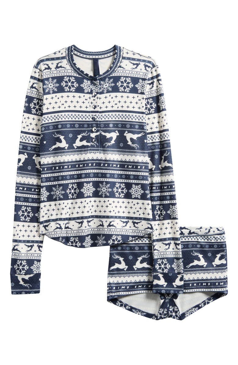SKIMS Fair Isle Plush Pointelle Short Pajamas, Alternate, color, Navy Deer Fairisle