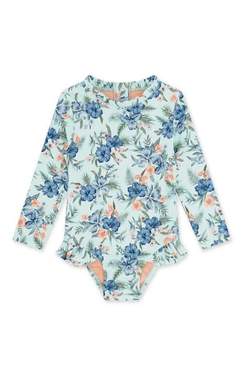 Kids' Frill Long Sleeve UPF 50+ One-Piece Rashguard Swimsuit, Main, color, SALTWATER