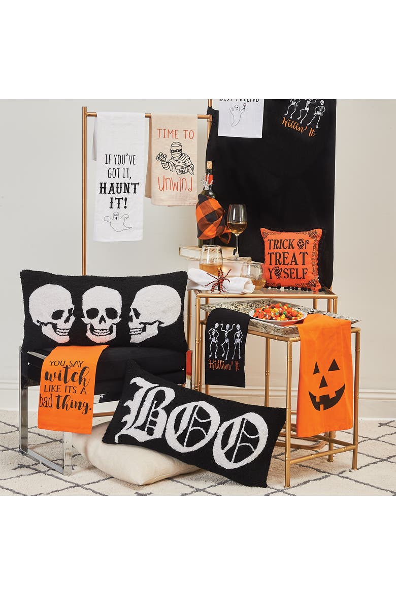 Dancing Halloween Skeletons Cotton Waffle Weave Kitchen Towels Set of 2, Alternate, color, Black