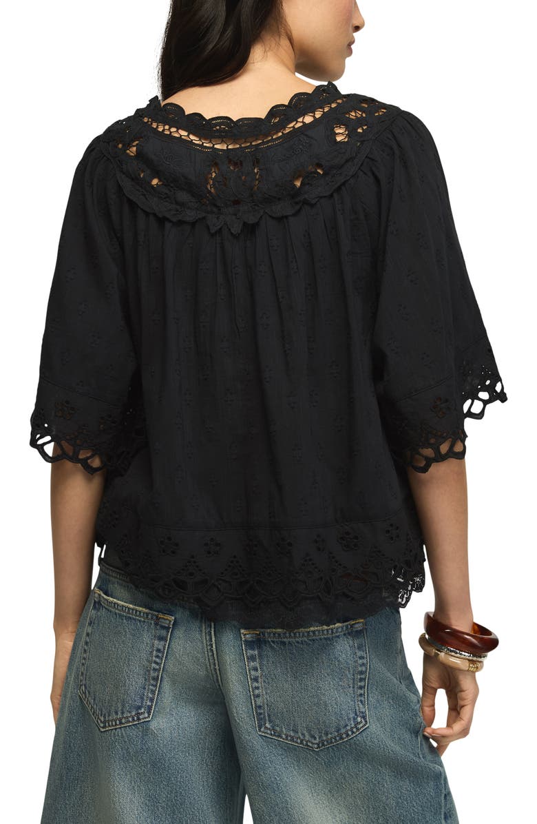 Lucky Brand Battenburg Lace Embroidered Top, Alternate, color, Caviar