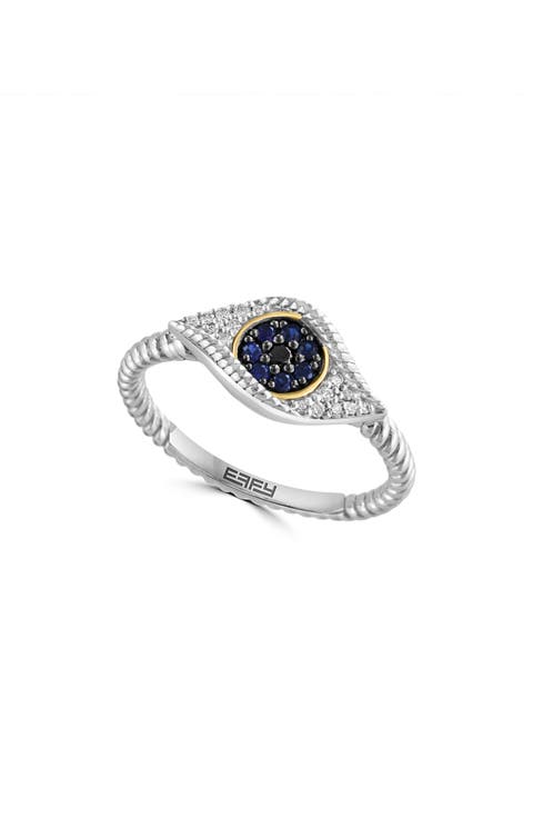 Sterling Silver & 18K Gold Diamond & Sapphire Evil Eye Ring - 0.11ct.