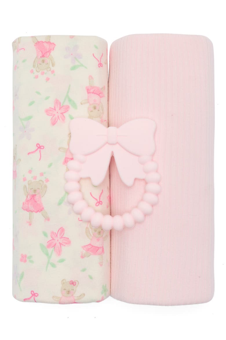 3-Piece Assorted Swaddle Blankets & Teether Set, Main, color, PINK