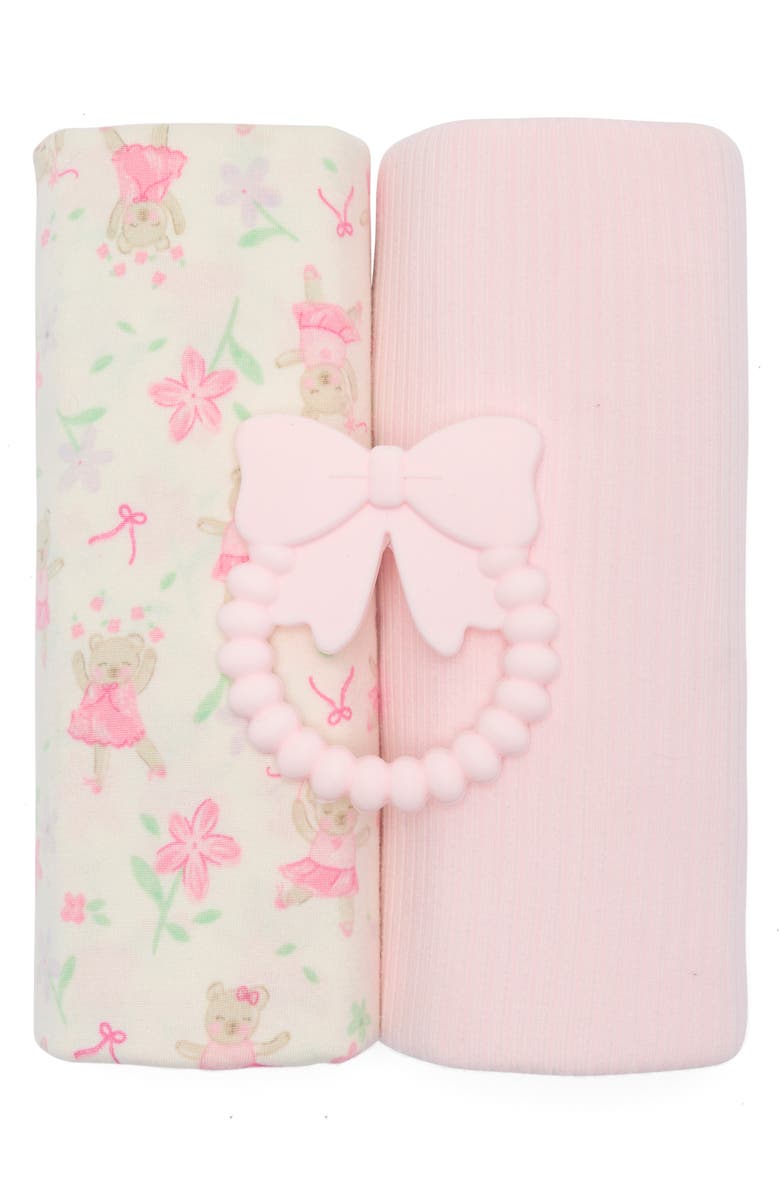 DREAMGRO 3-Piece Assorted Swaddle Blankets & Teether Set, Main, color, Pink